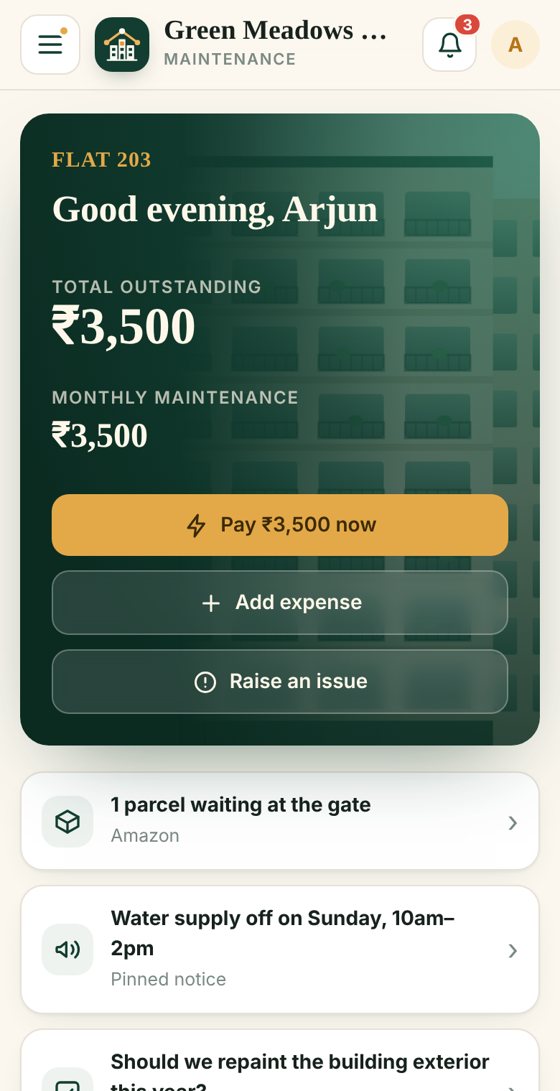 Resident home screen with dues and Pay button